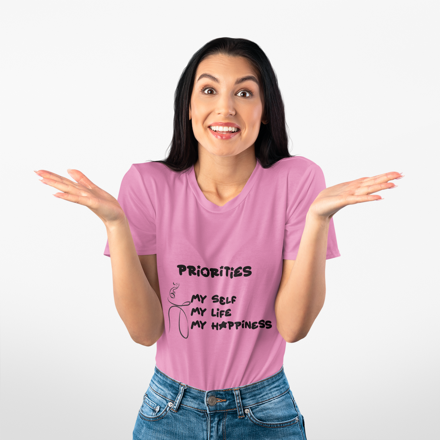 Woman wearing a pink t-shirt with a motivational quote on a white background