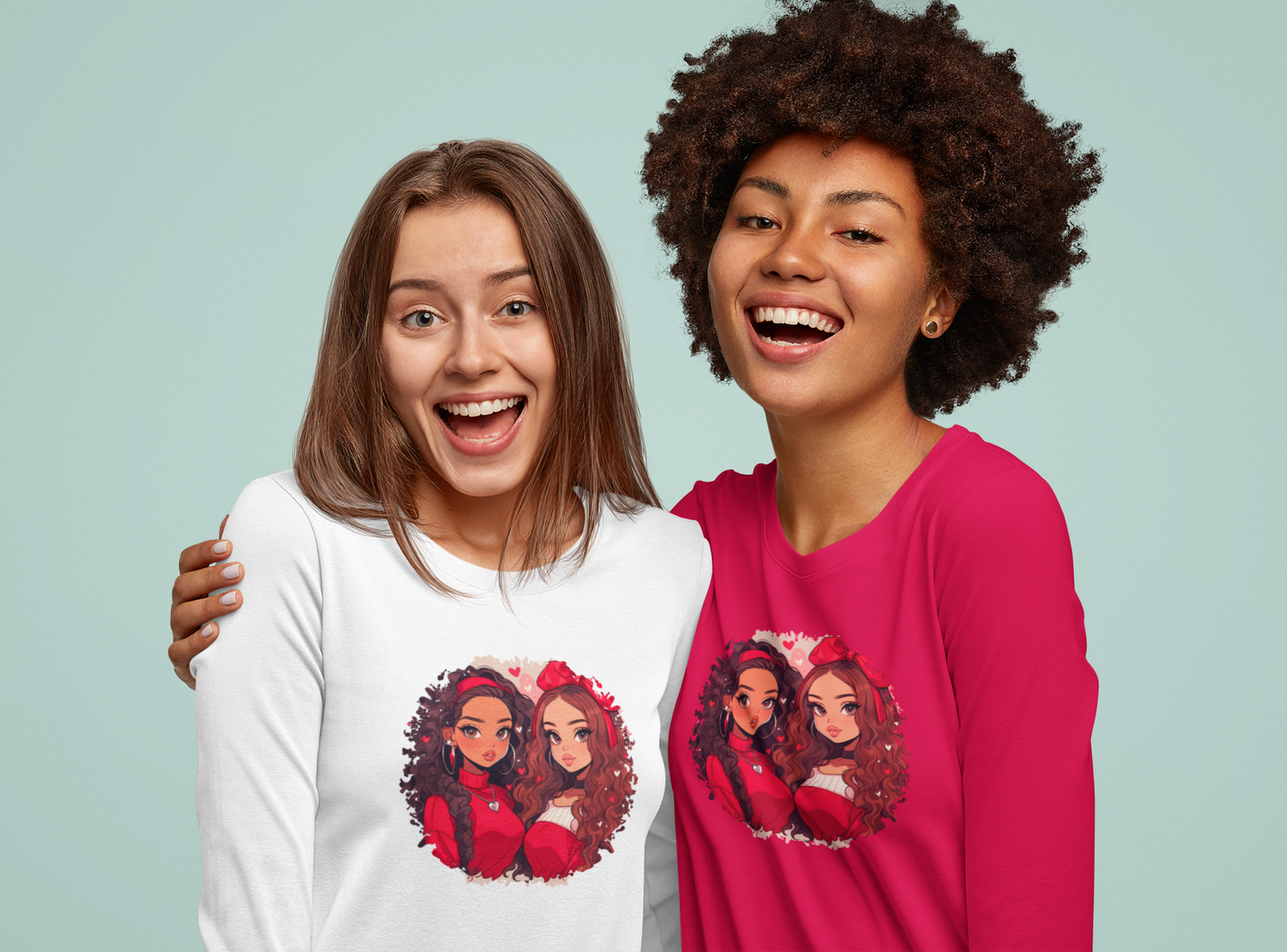 Sisters in Red Illustration Long Sleeve Tee