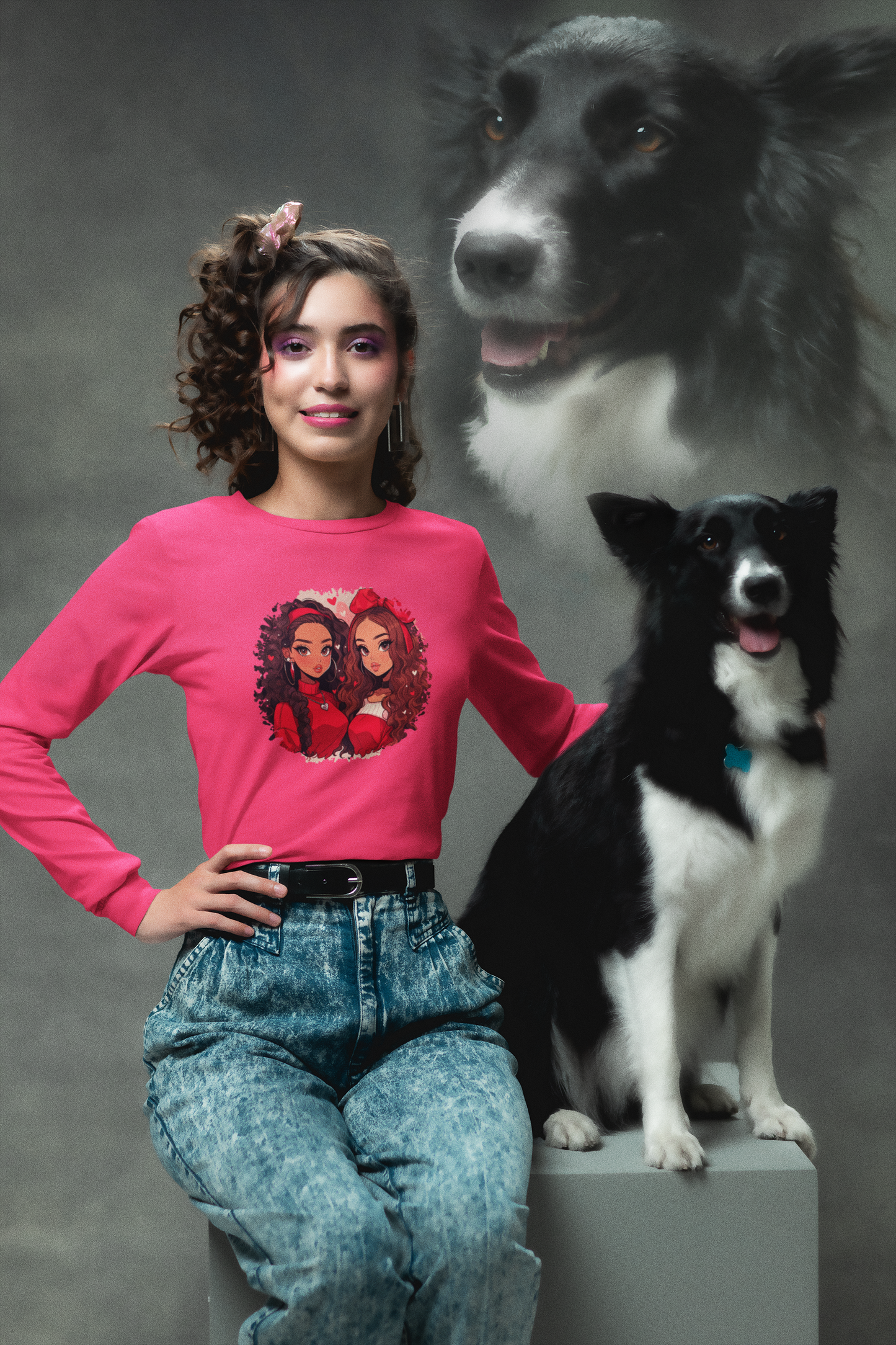 Sisters in Red Illustration Long Sleeve Tee