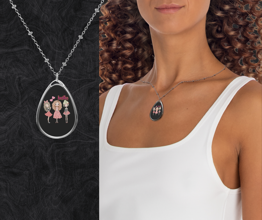 Girls Besties Valentine Oval Pendant Necklace — Cute Pink Ballerina Girls Design, Personalized Gift
